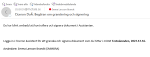 Skärmklipp mejlnotis om begäran om granskning och signering.