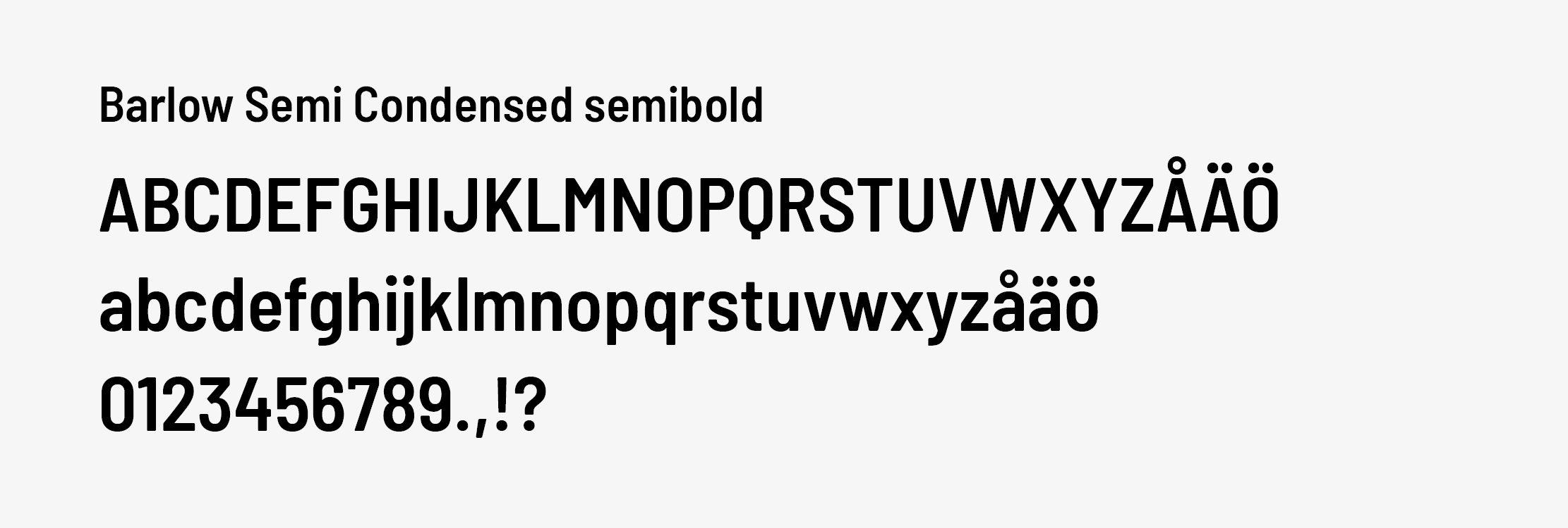 Typsnittet Barlow Semi Condensed SemiBold visas i versala och gemena bokstäver samt i siffror och skiljetecken.